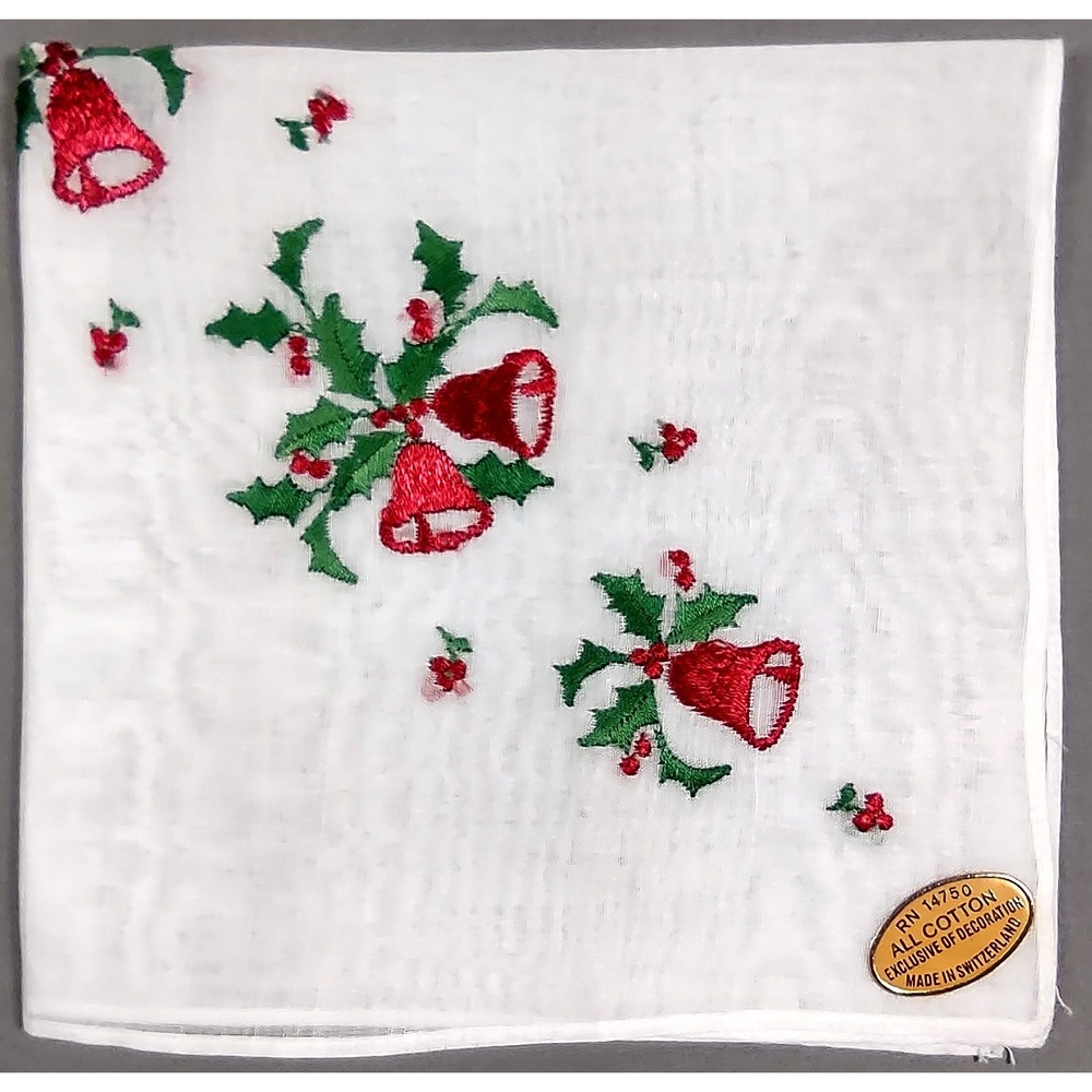 Vintage Swiss Cotton Handkerchief Christmas Bells Holly Embroidery 10.5 x 11
